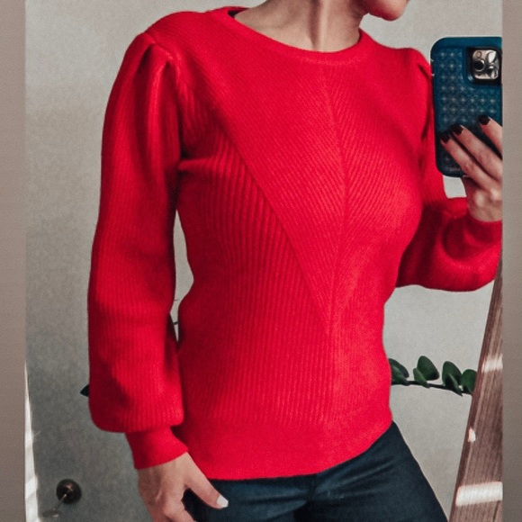 Just In// Bubble Over Ribbed Knit Sweater -Red - Picture 2 of 9